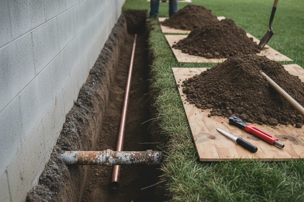 Excavated water line trench during Water Softener Installation in Beecher